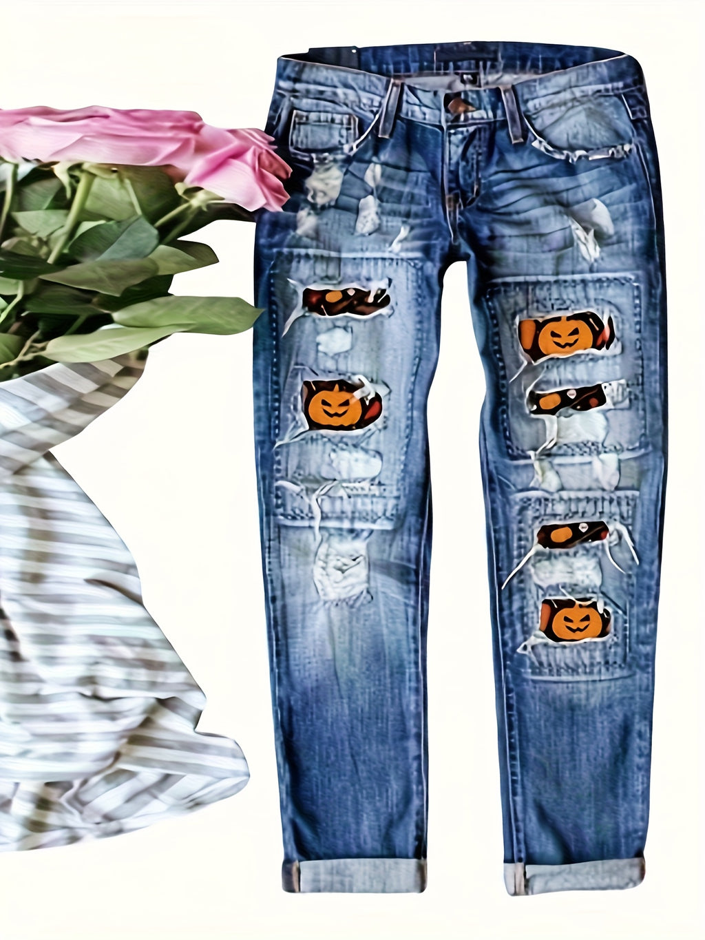 Halloween Patch Ripped Straight Leg Jeans Women Personalized Streetwear Distressed Denim Pants Trendy Casual Fall
