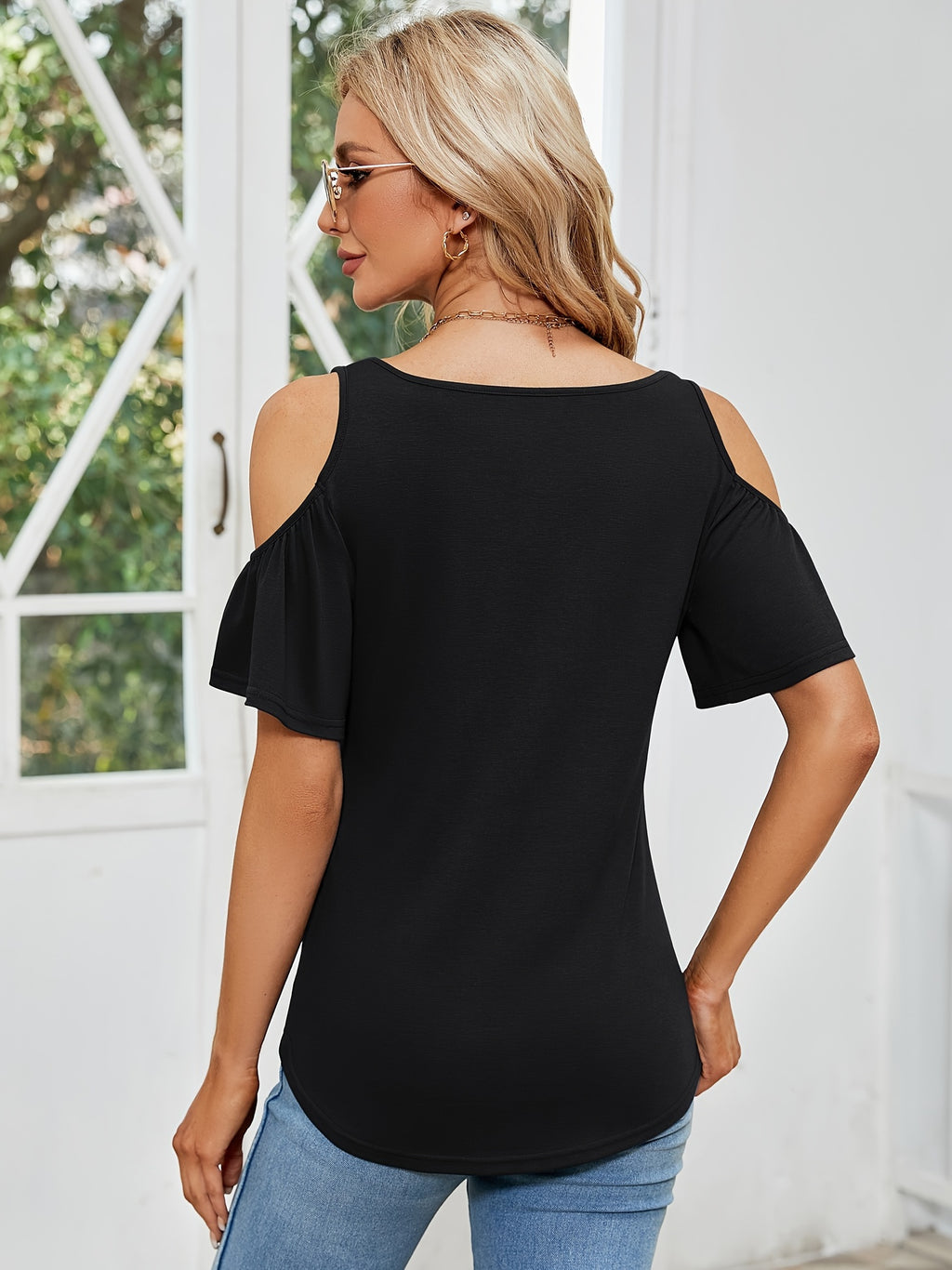 Cold Shoulder Tops for Women Floral Ruched V-Neck Blouse Short Sleeve Summer Tunic Shirt Casual Cute