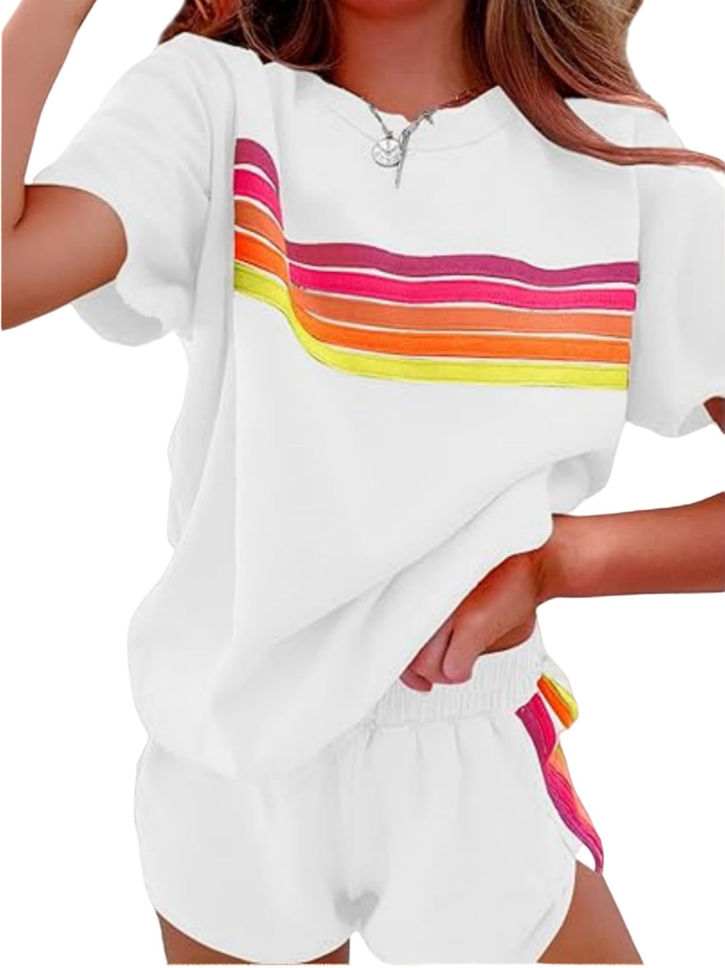 Color Block Shorts 2 Piece Set Women Chic Matching Outfit Top & Shorts White Blue Pink Brown Casual Summer