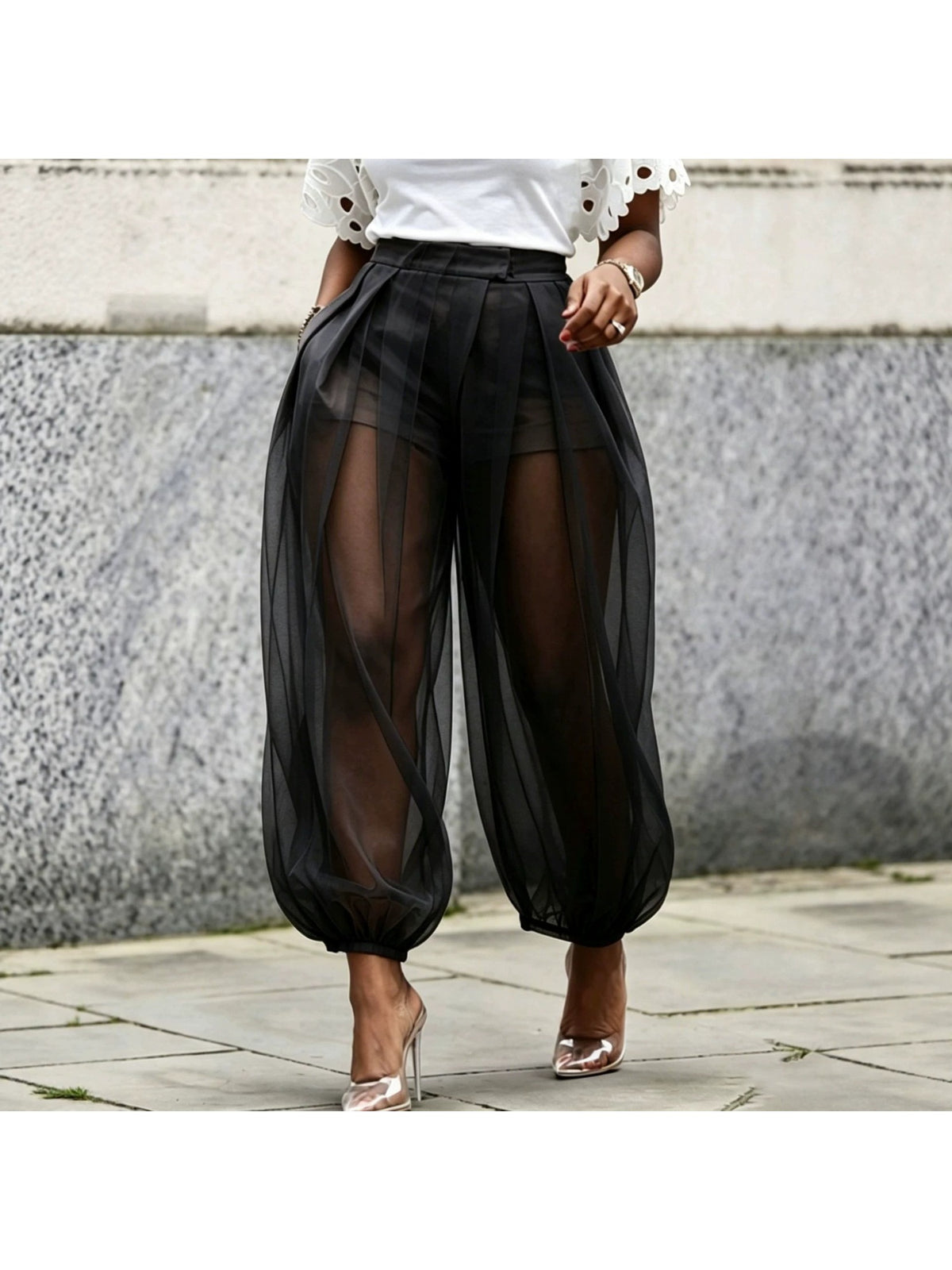 Mesh Tulle Harem Pants Women High Waist Built-In Shorts Balloon Wide Leg Trousers Solid Color Pockets Spring Summer Casual 9/10 Length S-XXL