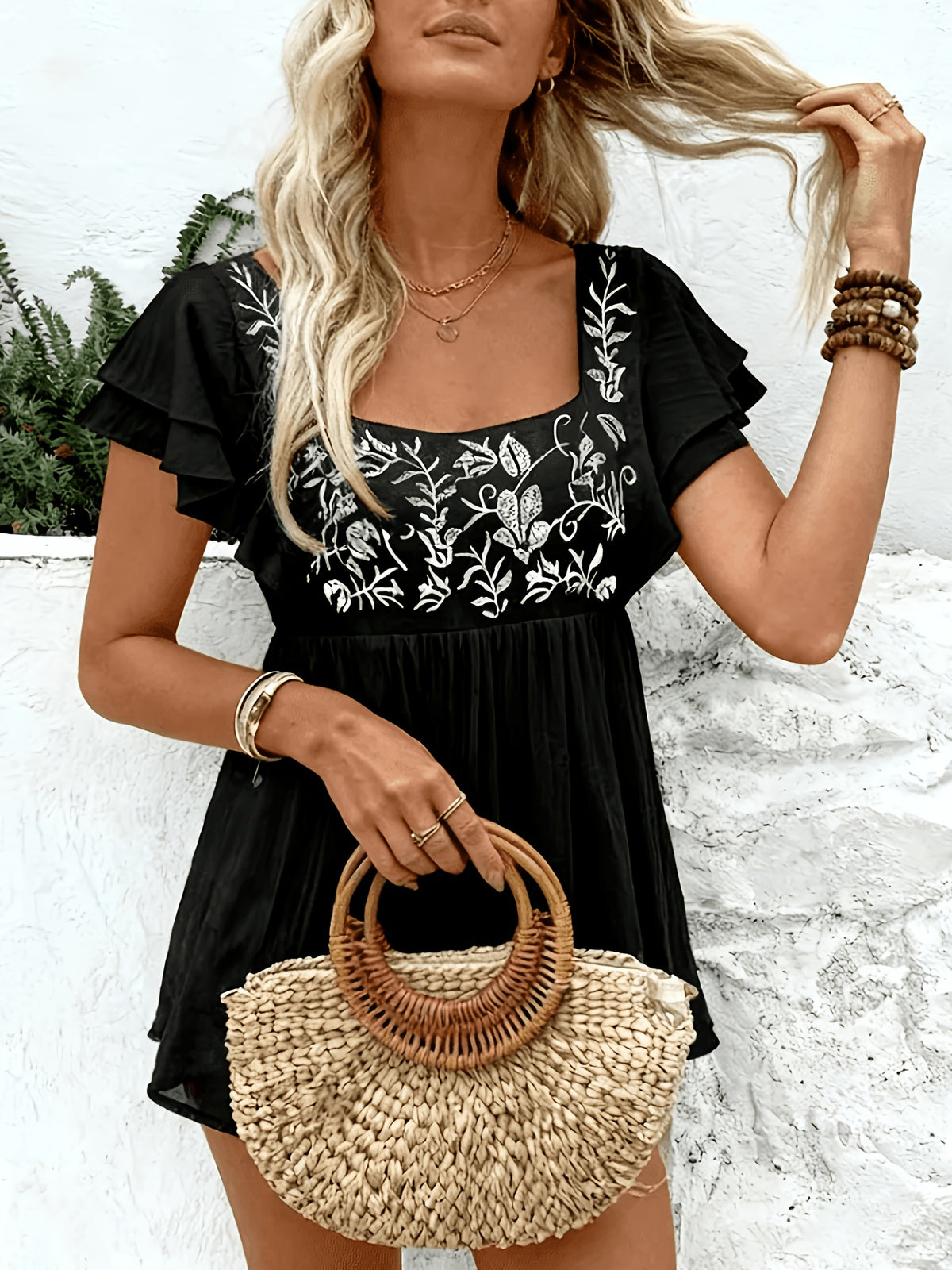Embroidered Blouse Women Square Neck Lace Short Sleeve Ruffle Boho Floral Babydoll Loose Fit Casual Elegant Top S M L XL XXL