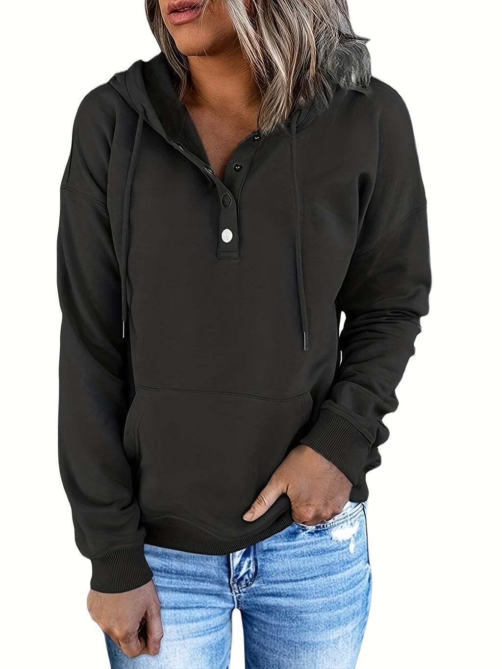 Women Oversized Button Hoodie Sweatshirt Long Sleeve Kangaroo Pocket Ribbed Cuff Casual Pullover Black Grey Burgundy Apricot S-XXL
