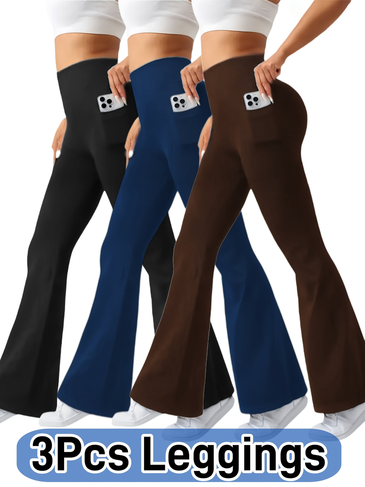 Flare Leggings with Pockets Women 3 Pack Ultra Soft High Waist Tummy Control Bootcut Stretch Pants 4 Colors All Season S-XXL