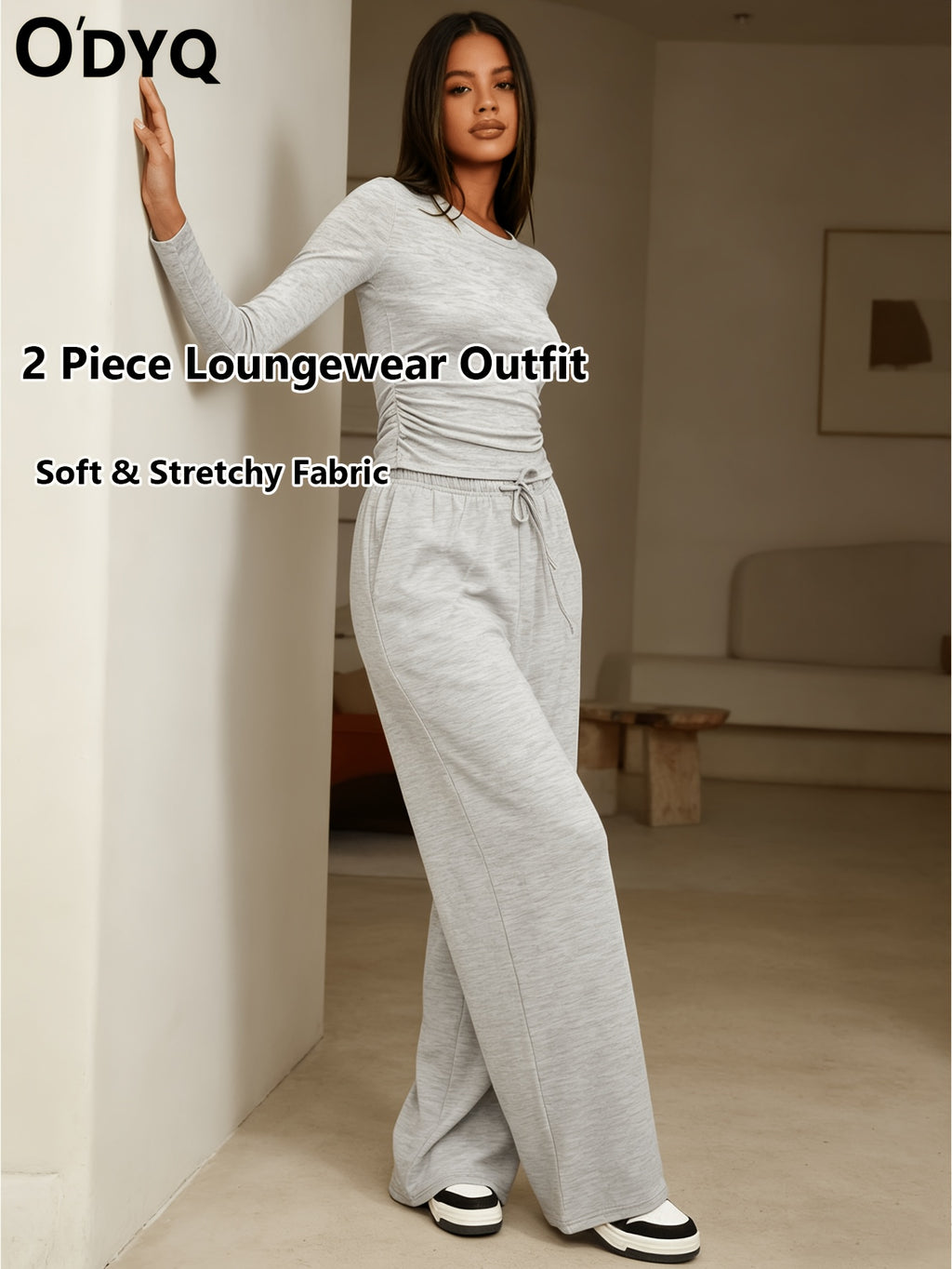 Women's 2 Piece Loungewear Set Casual Long Sleeve Top & High Waist Wide Leg Pants Sweatsuit Matching Outfit