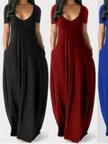 V-Neck Short Sleeve Maxi Dress Women Boho Solid Color Casual Loose Floor Length Sundress Elegant Summer Party Daily Wear Black S-M
