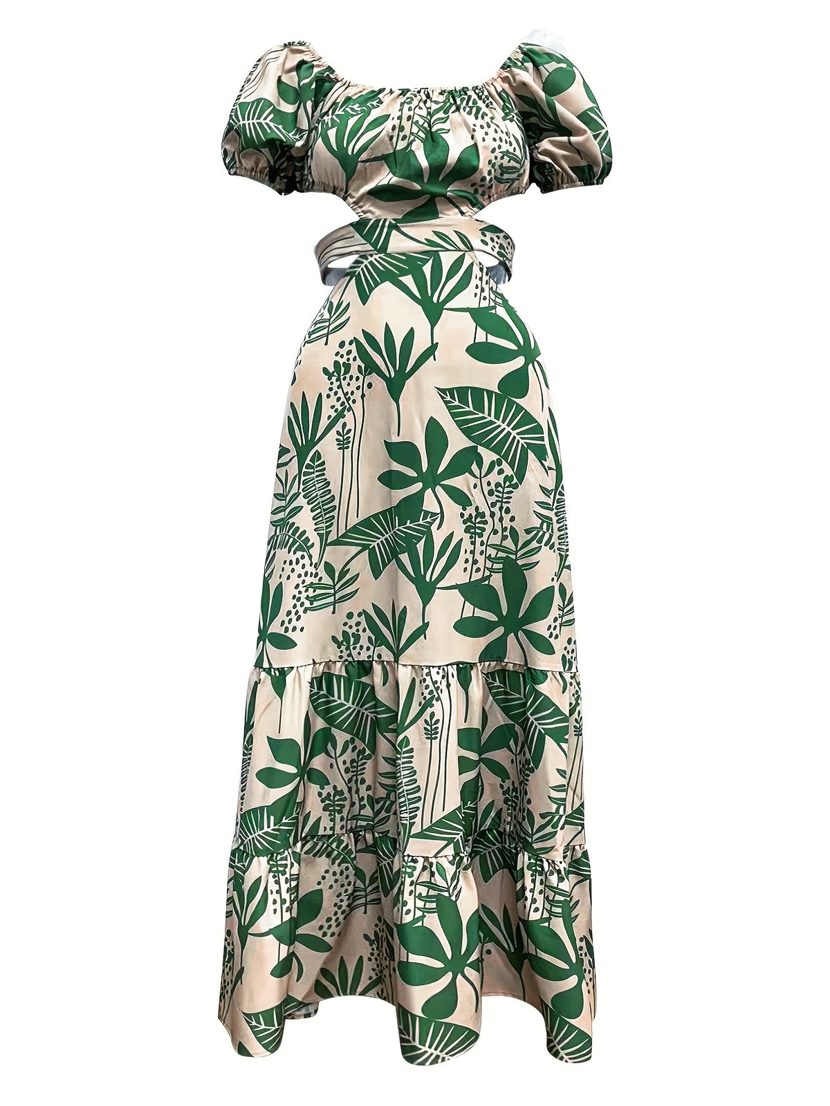 Off Shoulder Print Maxi Dress Women Lace-Up Tie Waist Ruffle Hem Split Sleeve Glossy Casual Summer Commuter Dress S-XXL