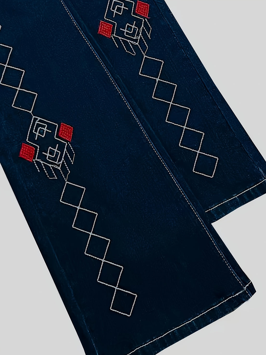 Embroidered Flare Pants Women Stretch Contrast Stitching Vintage Blue - Elegant Fashion Long Pants, All Season Chic Streetwear, Classic Stylish Wide Leg Silhouette, No Belt