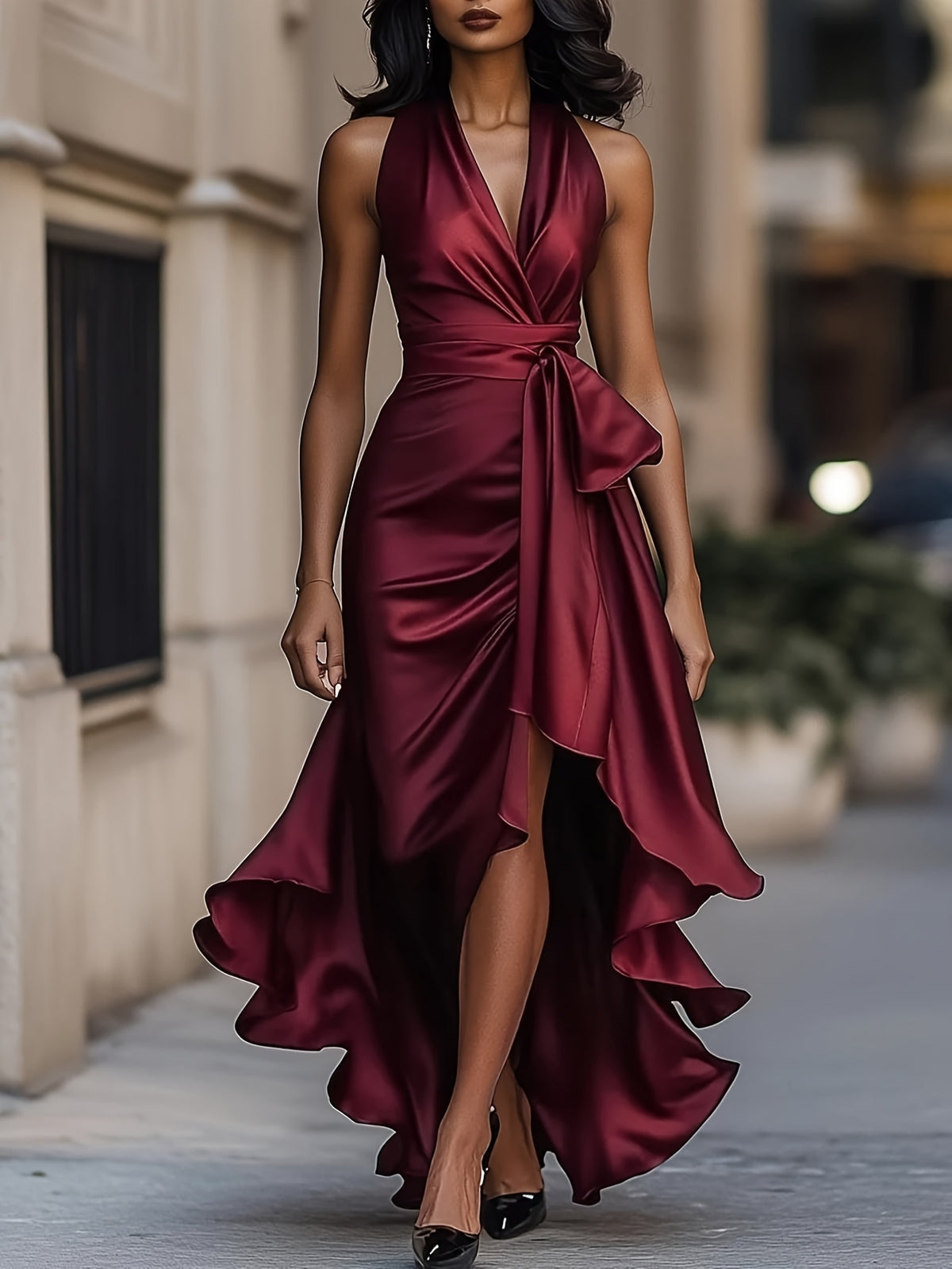 Satin Formal Dress Women V-Neck Sleeveless Ruched Waist Flared Hem Elegant Evening Gown Dark Blue Dinner Party Cocktail Dress 100% Polyester Smooth Fit