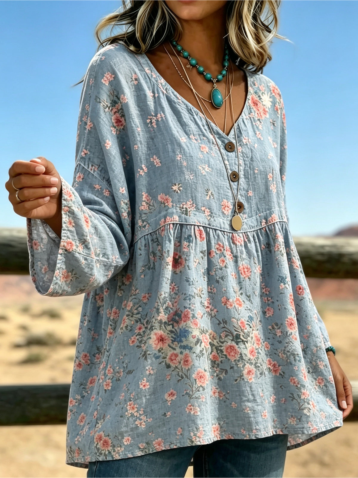 Ditsy Floral Babydoll Blouse Women 3/4 Sleeve V-Neck Light Denim Blue Casual Flowy Spring Summer Top S-XXL