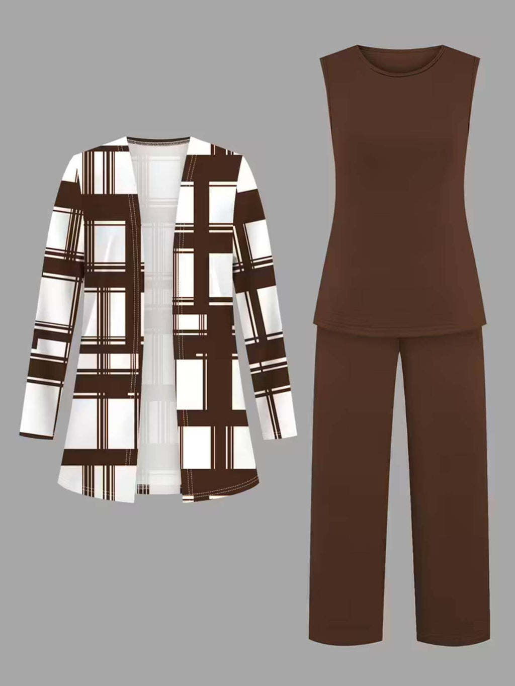 Women's 3pcs Plaid Cardigan Top & Wide-Leg Pants Set Vintage Elegant Commuting Outfit XXL