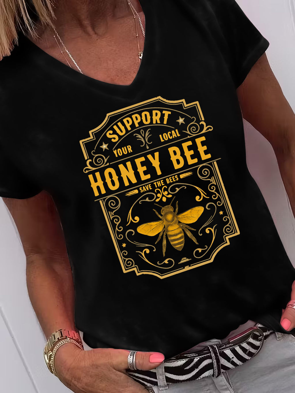 Women's Graphic V-Neck Tee Support Local Honey Bee Save The Bees Short Sleeve Top Loose Fit Casual T-Shirt Multi Color