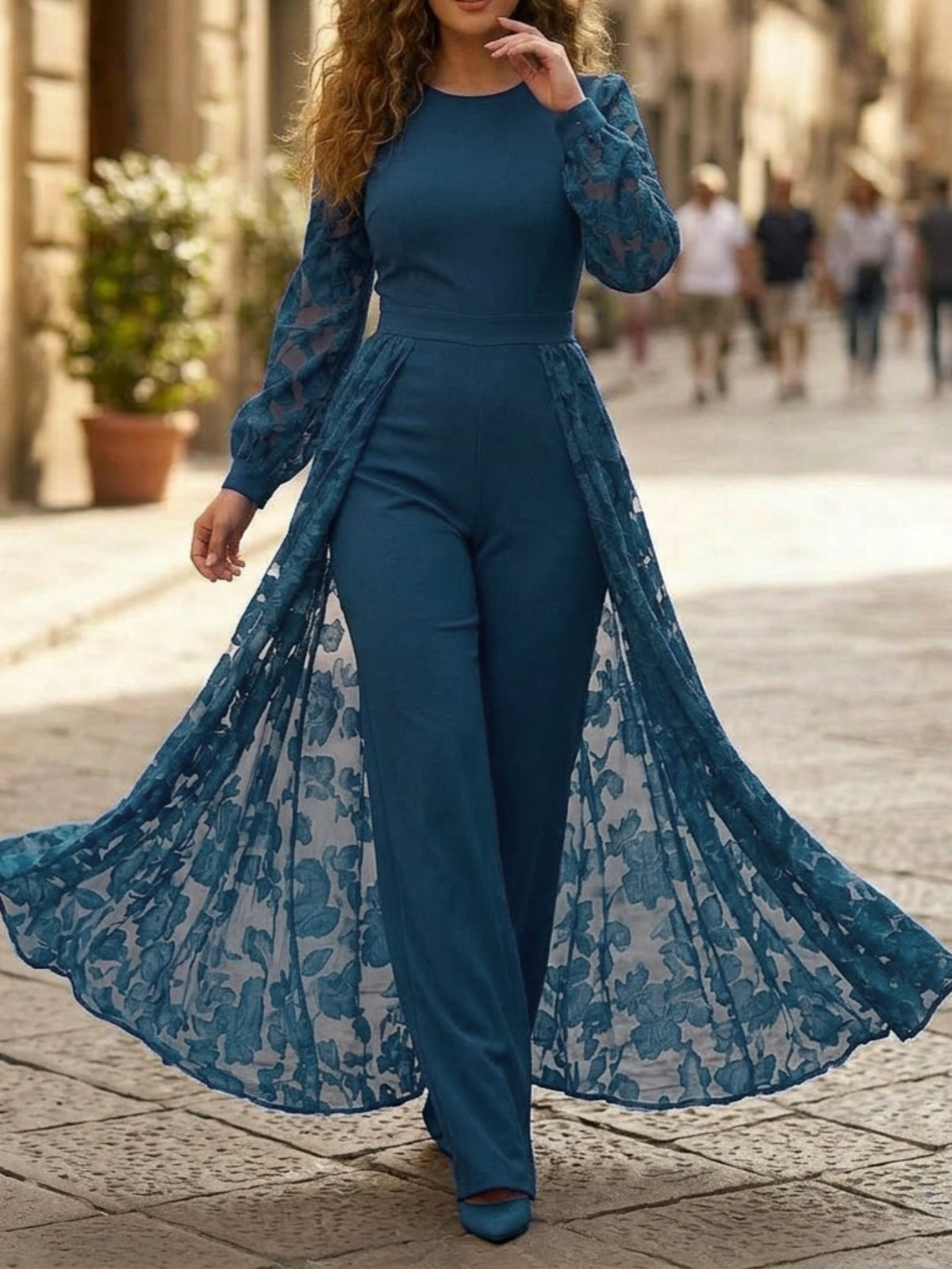 Puff Sleeve High Waist Slim Jumpsuit for Women Elegant Round Neck Long Overlay One Piece Outfit Pink Date Business Socialite S-XXL