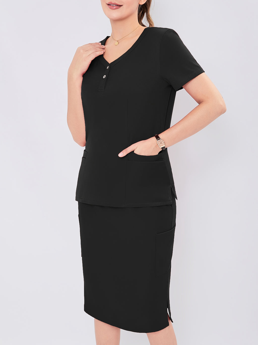 Women's V-Neck Scrub Set Short Sleeve Medical Uniform Beauty Salon Polyester Solid Color Top & Skirt with Pockets