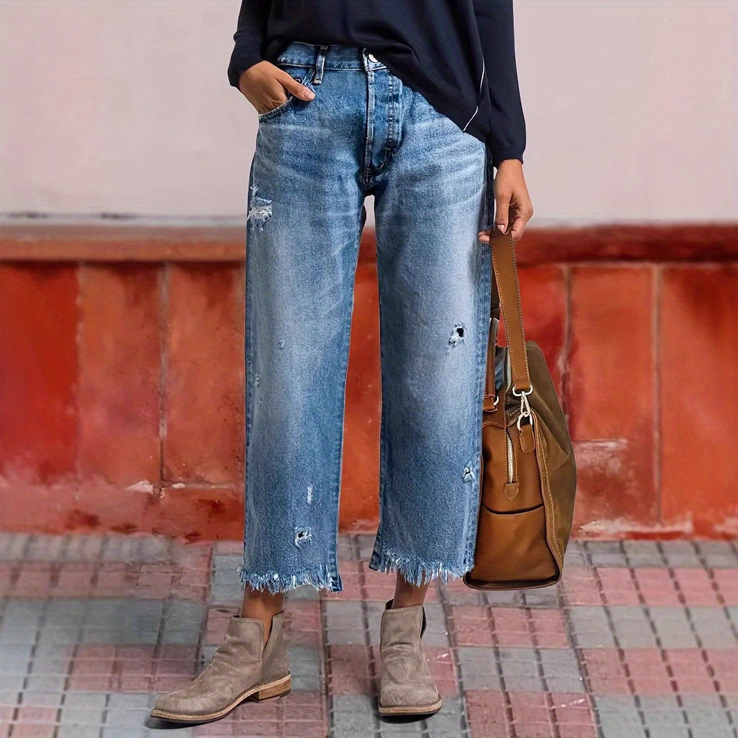Tassel Hem Slim Jeans for Women Casual Straight Leg Blue Denim Pants All-Match Fringe Trouser Legs Everyday Fashion S-XXL