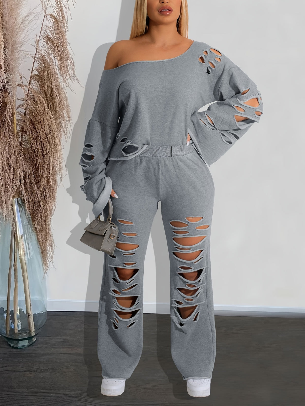 Distressed 2 Piece Set Women Off Shoulder Long Sleeve Top and Ripped Pants Streetwear Outfit - Casual Party Knit Co-ord Spring Fall