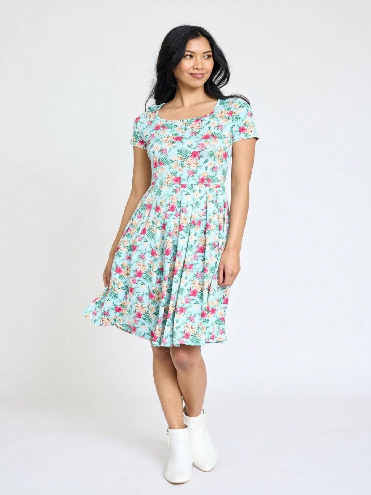 Paisley Floral Swing Dress Women Chevron Stripe Patchwork Pleated Square Neck Elastic Waist Midi Casual Plus Size S-3X