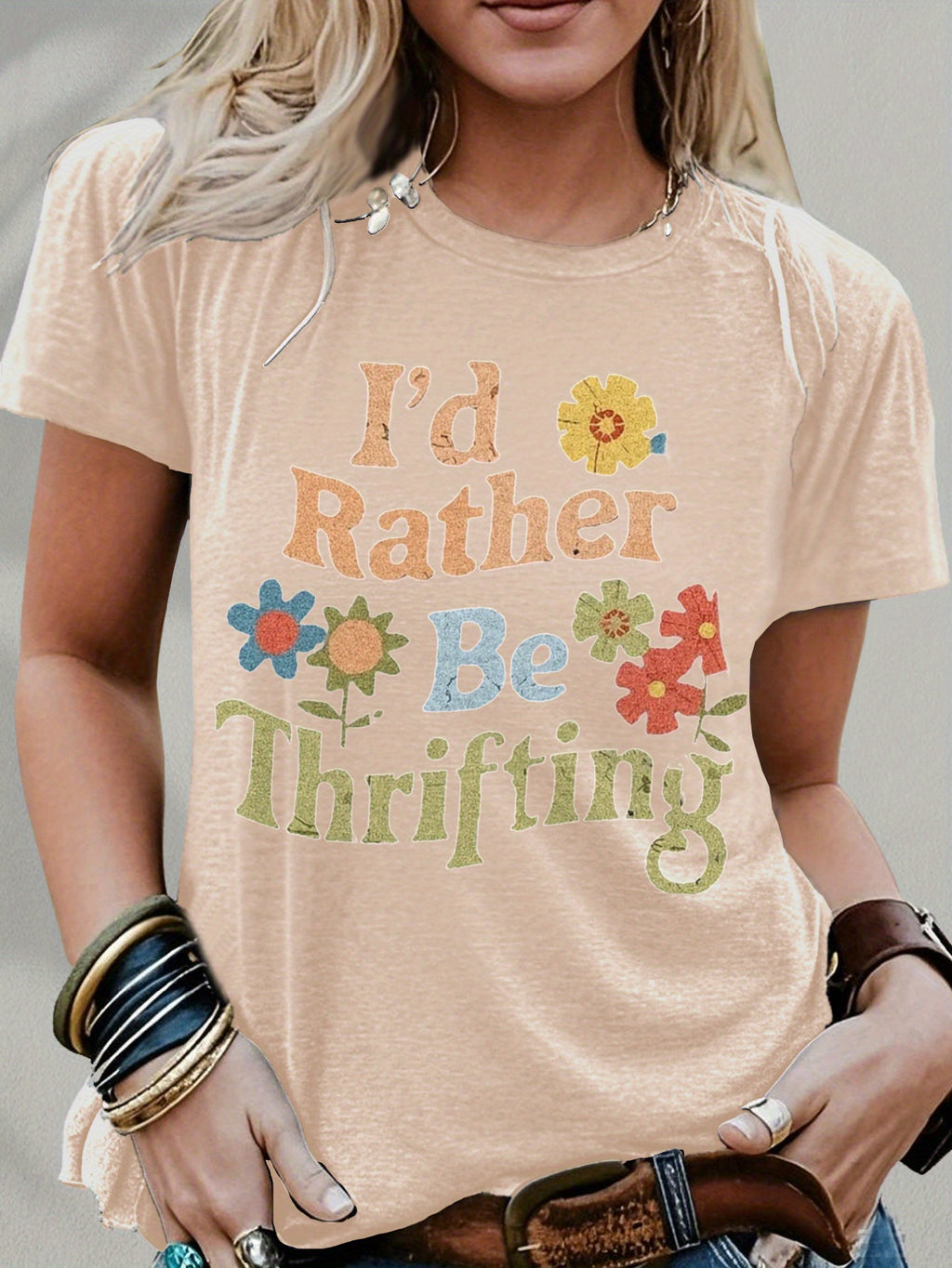 Women's 'I'd Rather Be Thrifting' Graphic Tee Vintage Crew Neck Short Sleeve Casual T-Shirt Navy Red S-XXL