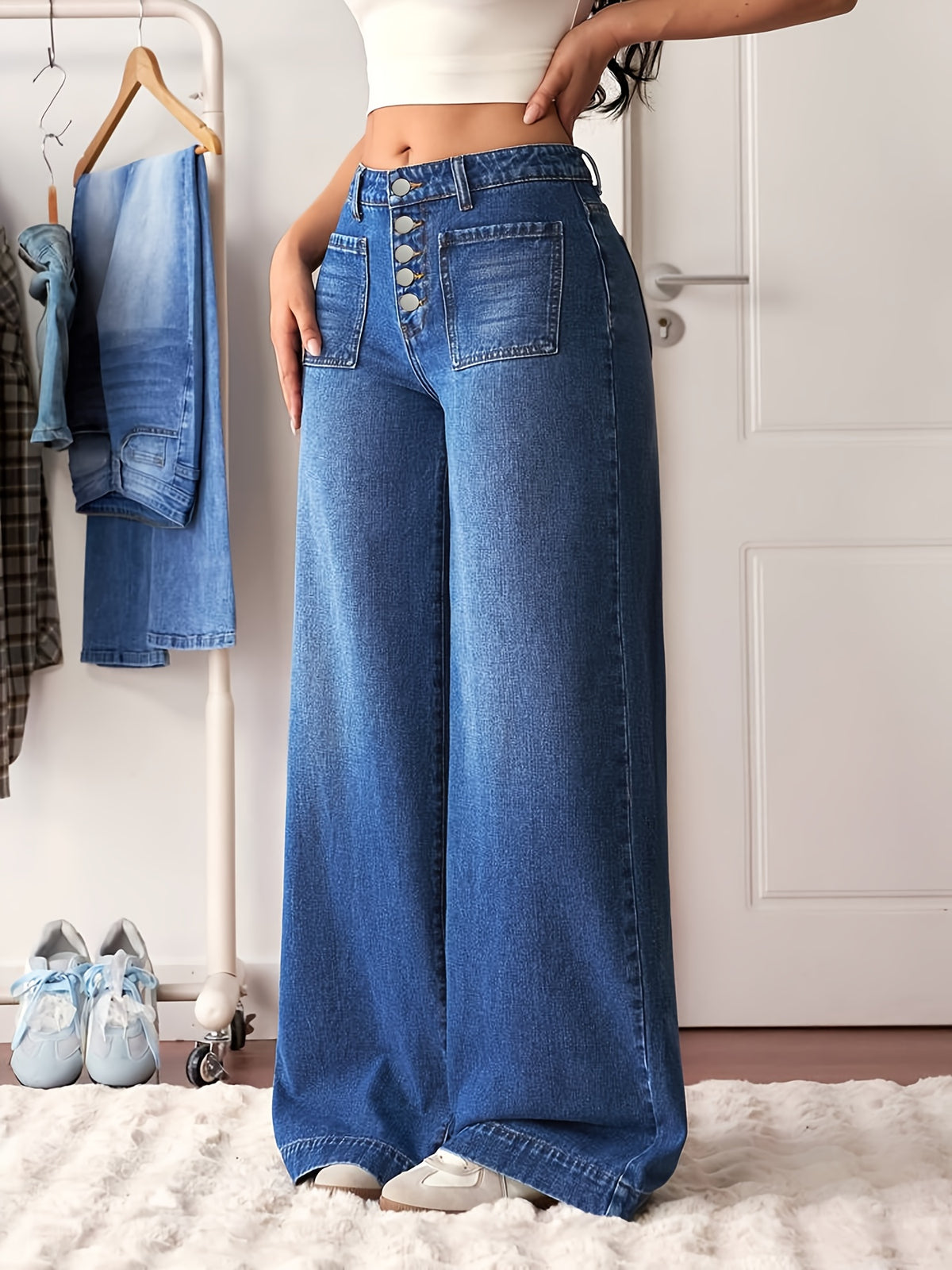 High Waisted Wide Leg Denim Pants Women Solid Blue Button-Front Stretch Fabric Casual Elegant All Season