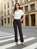 Black High Waist Straight Leg Pants for Women – Stretch Work Trousers with Pockets, Zipper Fly, Cropped Office Casual Travel Daily Wear, Polished Slim Silhouette All Season