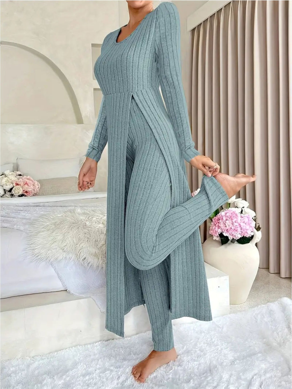 Heavyweight Fleece Lounge Set Women Oversized Long Sleeve Wide-Leg Pants Cozy Winter Two-Piece Ribbed Minimalist S-XL