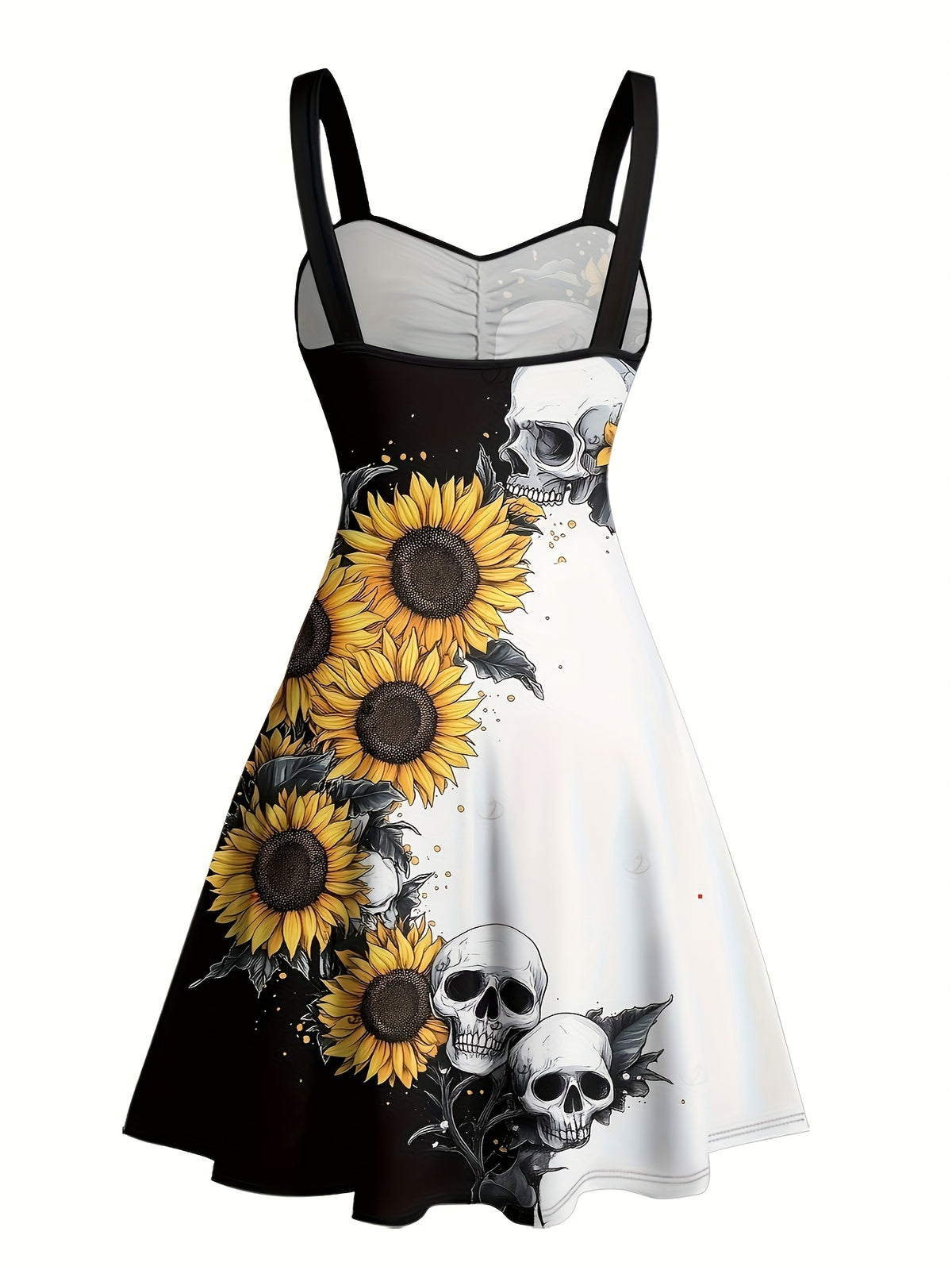 Gothic Sunflower Skull A-Line Mini Dress Women Sweetheart Spaghetti Strap Colorblock Ruched Belt Retro Halloween Dress S-XXL