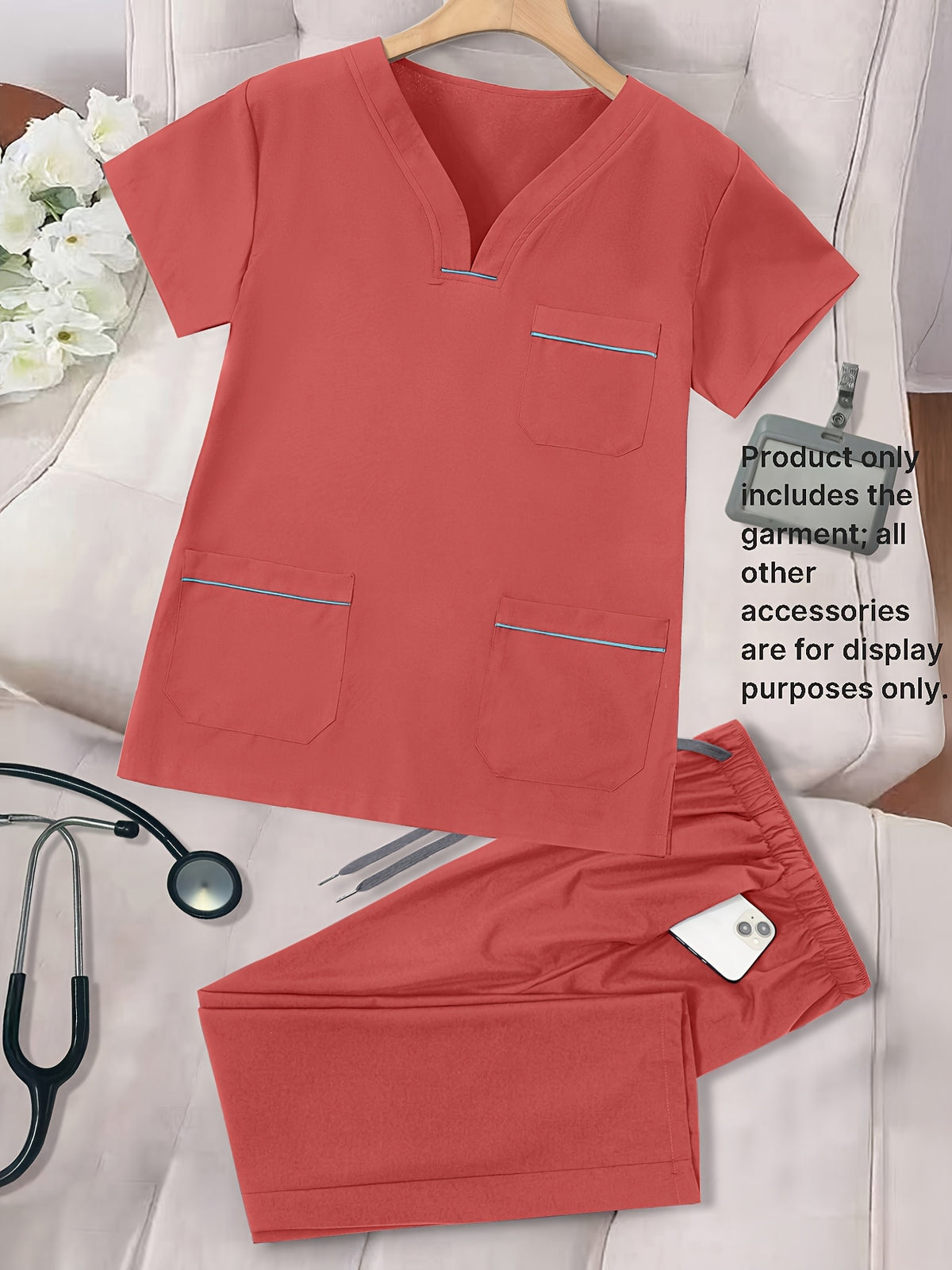 Women's 2pcs Color-Block Scrub Set V-Neck Matte Breathable Top & Pants Work Uniform with Pockets