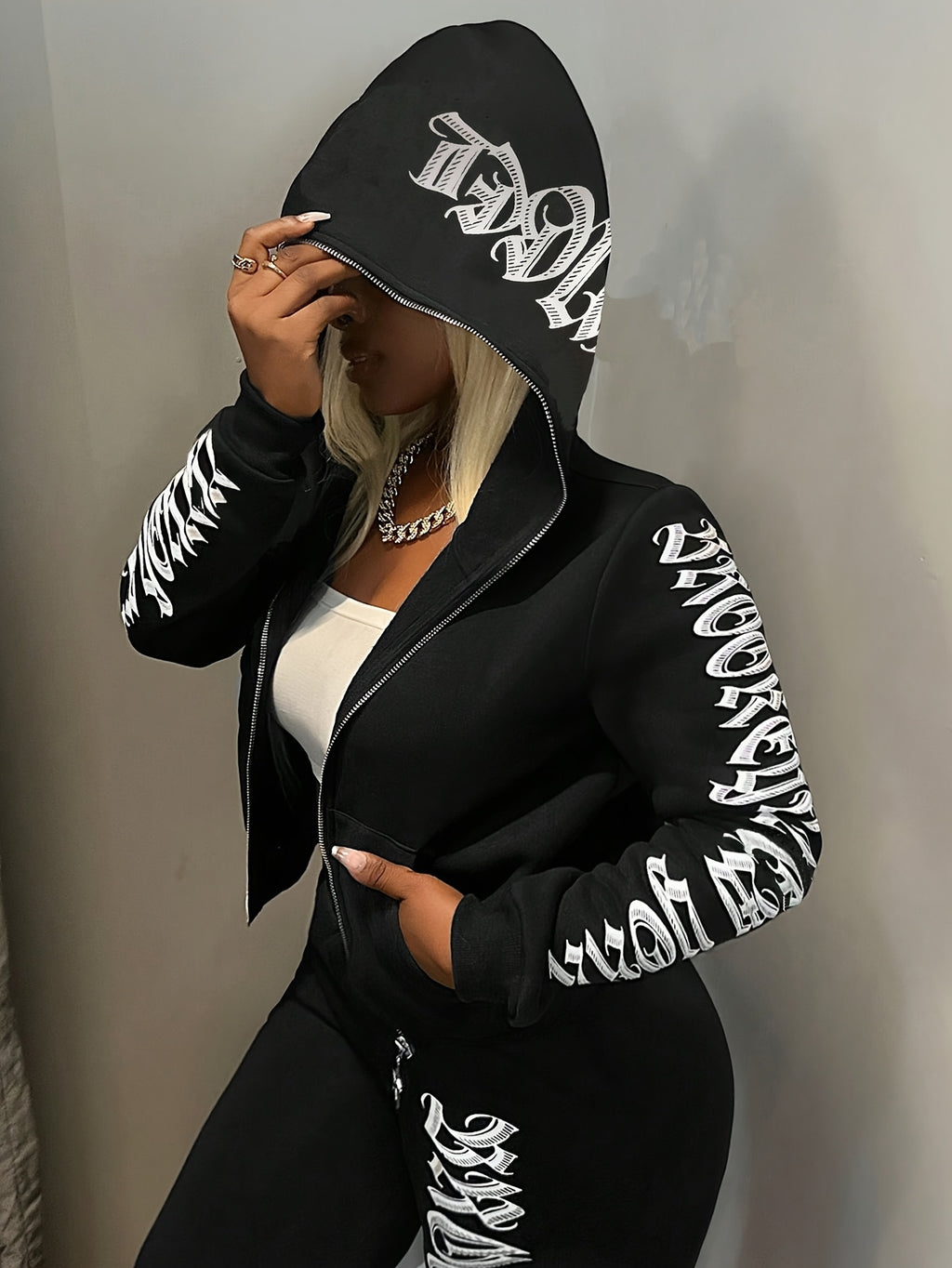 Zip Hoodie Letter Print Tracksuit Set Women Long Sleeve Hooded Casual Sporty Matching Outfit Fall Winter S-XXL