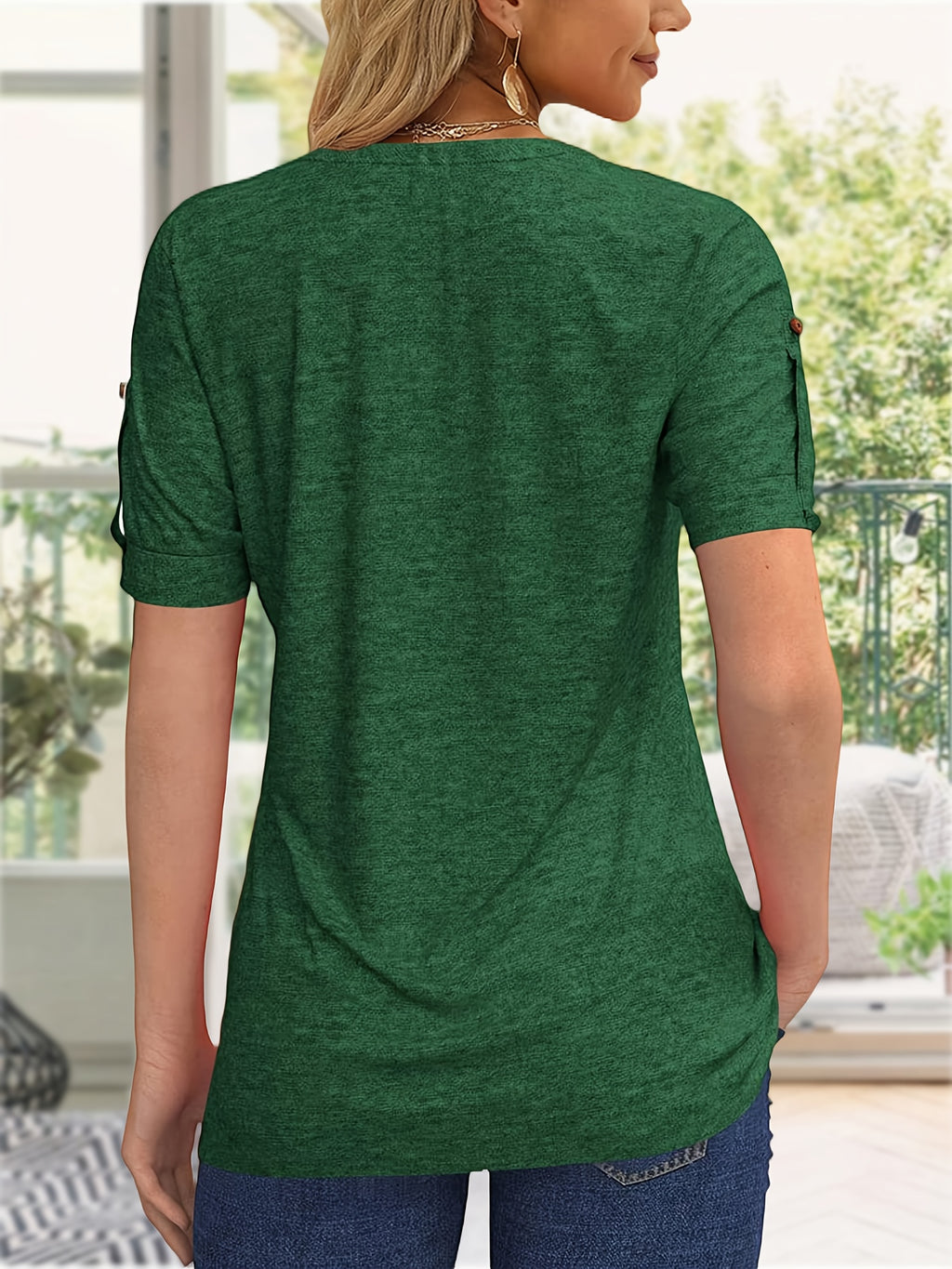 Button Front V-Neck Top Women Pleated Detail Short Sleeve Solid Color Casual Summer Blouse Lightweight Breathable Machine Washable
