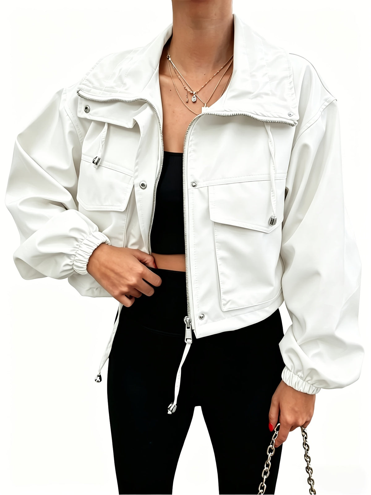 Cropped Jacket Women Zip Up Lightweight Oversized Drop Shoulder Utility Anorak Coat with Pockets Casual Streetwear Black Pink Apricot Navy White Green Khaki S-XXL