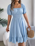 Women's Square Neck Puff Sleeve A-Line Dress Spring Summer Fit Flare Casual Sky Blue S-XL Polyester Elastane