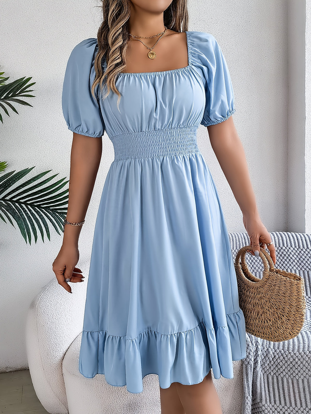 Women's Square Neck Puff Sleeve A-Line Dress Spring Summer Fit Flare Casual Sky Blue S-XL Polyester Elastane