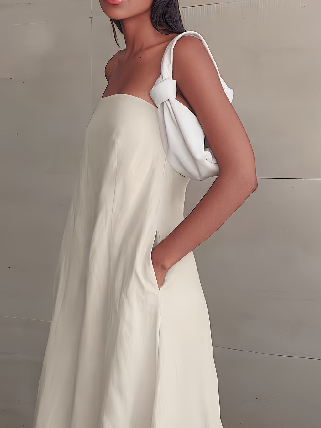 Linen Strapless Backless Long Dress for Women High Waist Patchwork Pocket Solid Color Lightweight Casual Vacation Maxi Dress Spring Summer