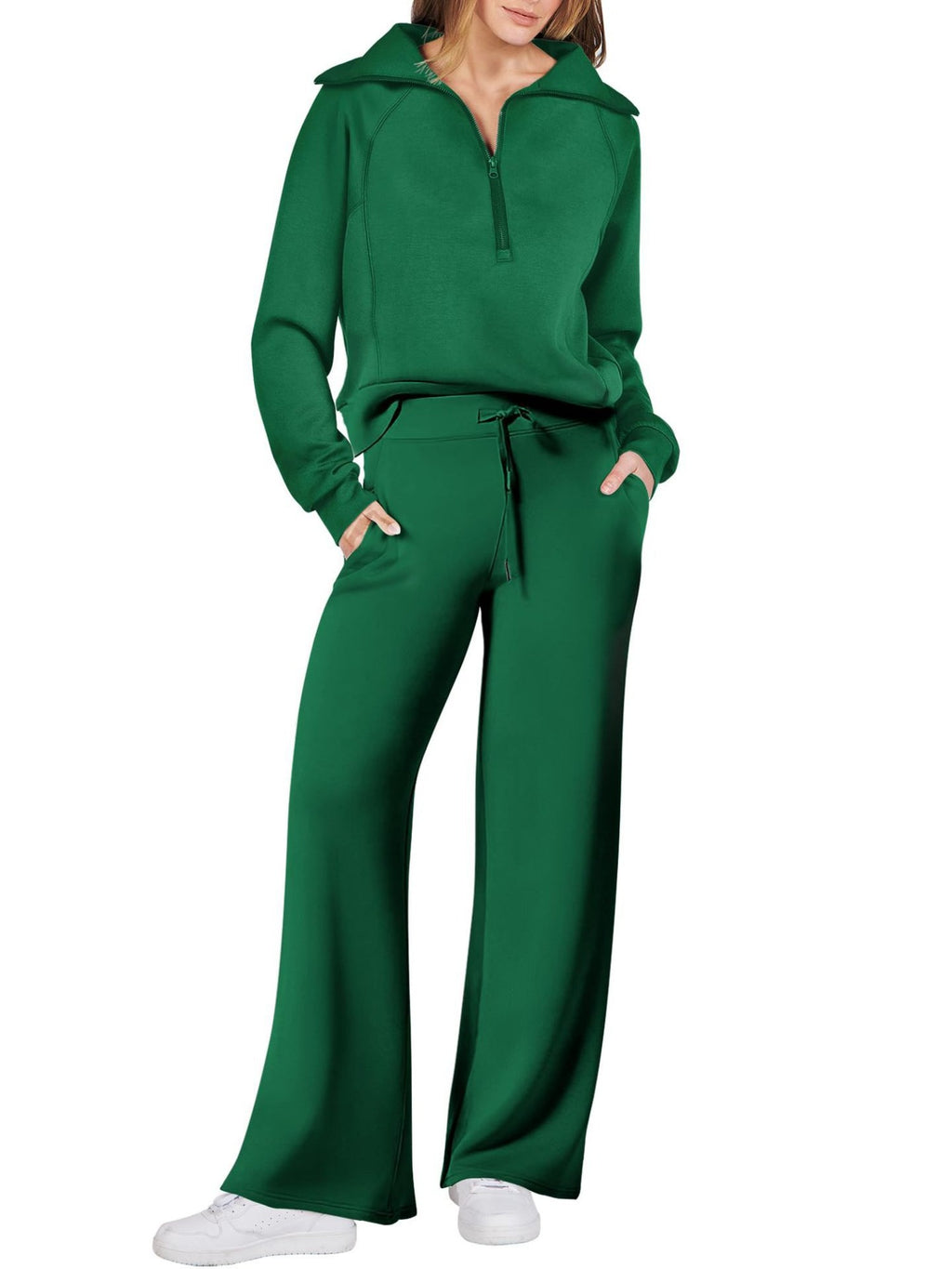 Zipper Sweatshirt Wide-Leg Pants 2 Piece Set Women Casual Tracksuit Outfit for Spring Fall - Loose Fit Jogger Co-ord Set