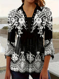 Printed Lapel Button-Up Top Three-Quarter Irregular Sleeve Women's Casual Blouse Spring Fall Stretch Knit S-XXL