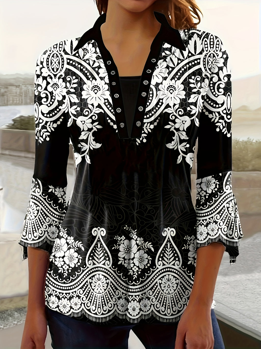 Printed Lapel Button-Up Top Three-Quarter Irregular Sleeve Women's Casual Blouse Spring Fall Stretch Knit S-XXL