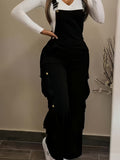 Corduroy Wide Leg Overalls Women Cargo Jumpsuit Belted Waist Collared Neck Casual Work All Season Washable Denim Look