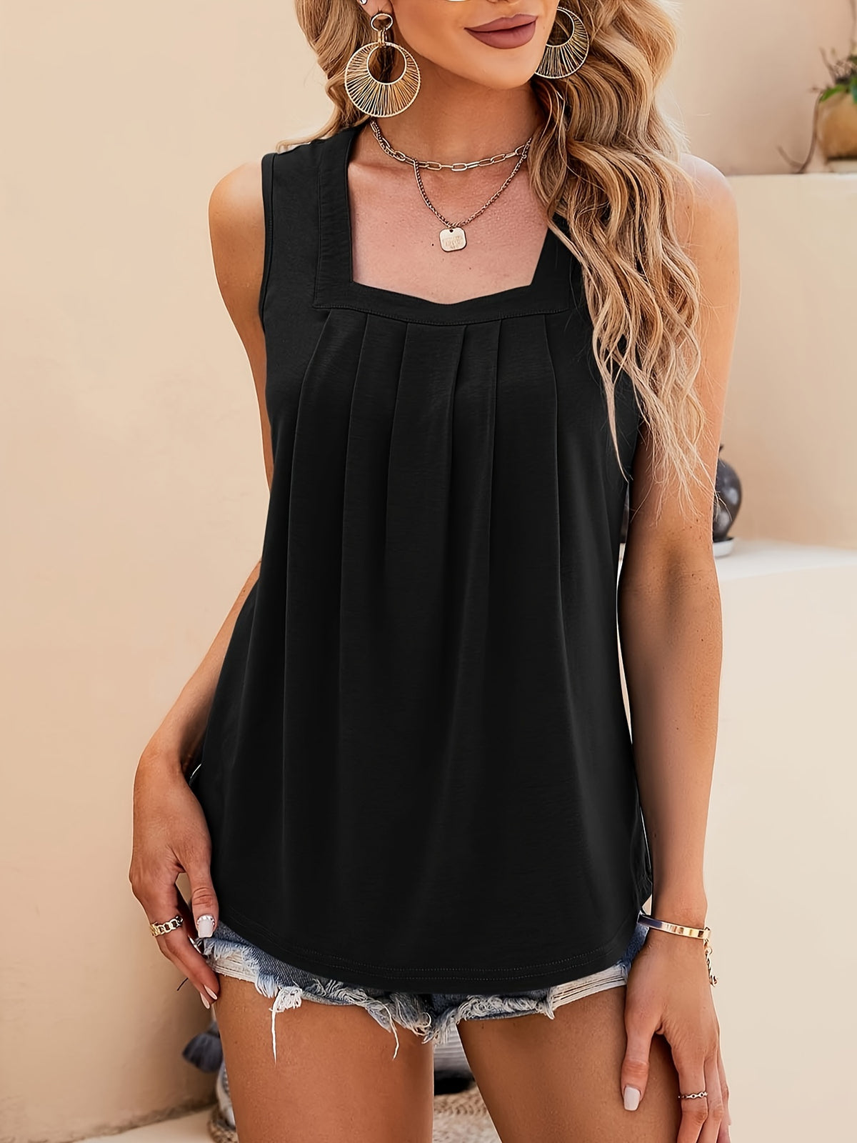 Floral Print Square Neck Tank Top for Women Sleeveless Loose Tunic Blouse with Chest Pleats Lightweight Casual Chic Spring Summer Fall Machine Washable S-2XL