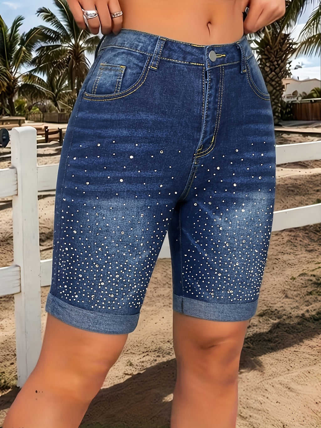 Rhinestone Starry Sky Denim Hot Pants Women Elastic Waist Body Hugging Deep Blue XS S M L XL XXL