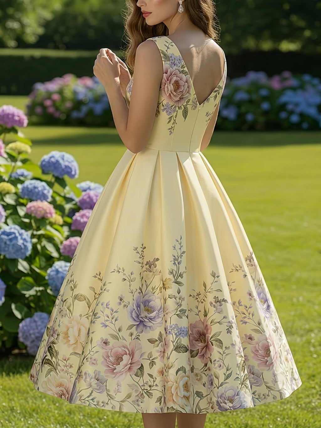 Printed Sleeveless V-Neck Dress Women Waist-Cinching Flared Skirt Elegant Spring Summer Casual Dress for Garden Party Date