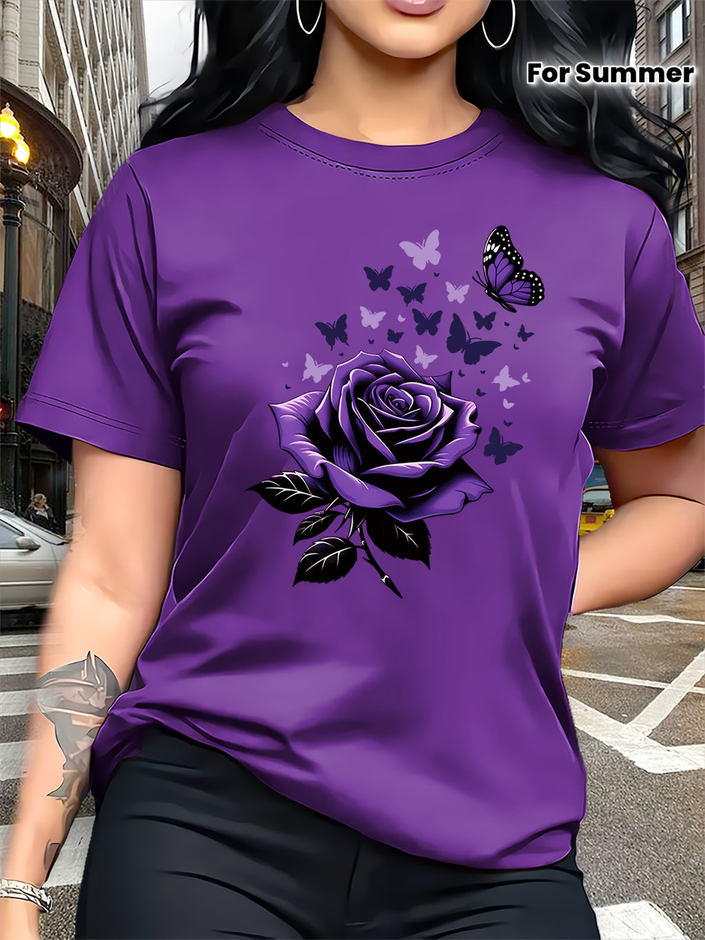 Women's Butterfly Rose Print T-Shirt Casual Crew Neck Short Sleeve Breathable Spring Summer Graphic Tee