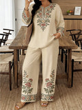 2pcs Set Women V-Neck Buttoned 3/4 Sleeve Shirt & Printed Elastic Waistband Long Pants | Spring Summer Digital Print Outfit