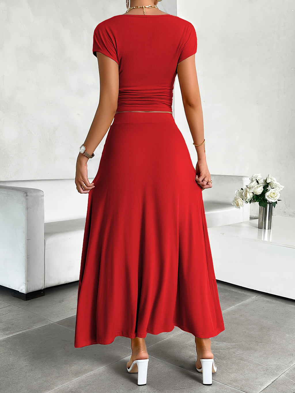 Women's 2pcs Lounge Set Crew Neck Short Sleeve Crop Top & Elastic Waist Maxi Skirt Soft Stretch Casual Summer Vacation Matching Outfit