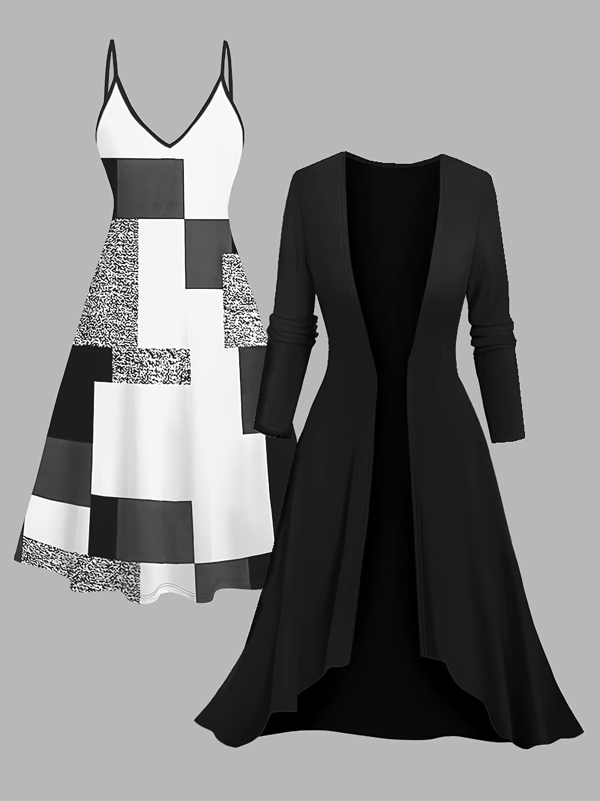 Printed Dress & Long Coat 2-Piece Set for Women – Elegant Fashionable Graphic Dress with Solid Color Longline Cardigan Coat, Chic Casual Outfit