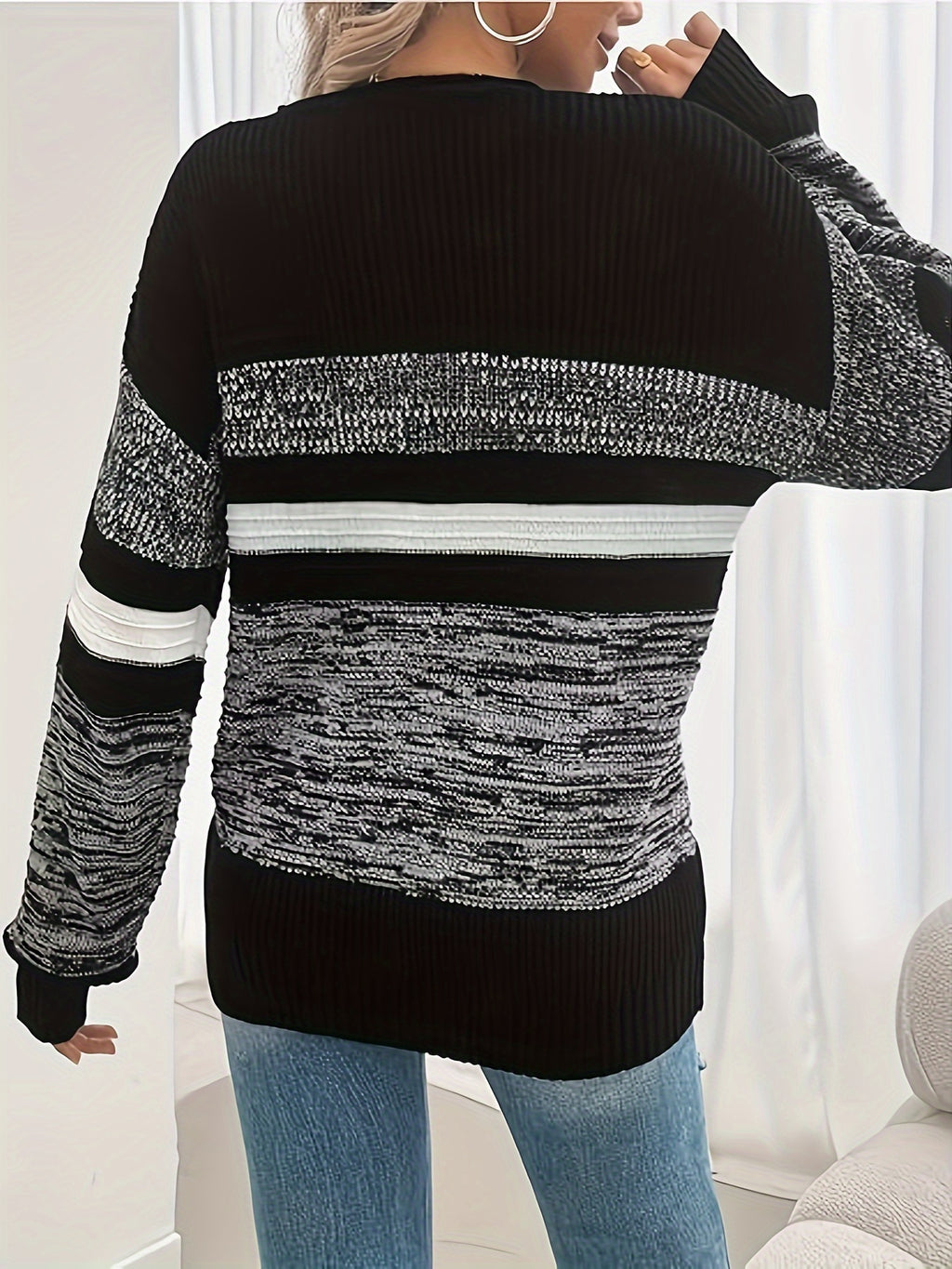 Striped Color Block Ribbed Sweater Women Long Sleeve Pullover Casual Knit Top Fall Winter S-XXL