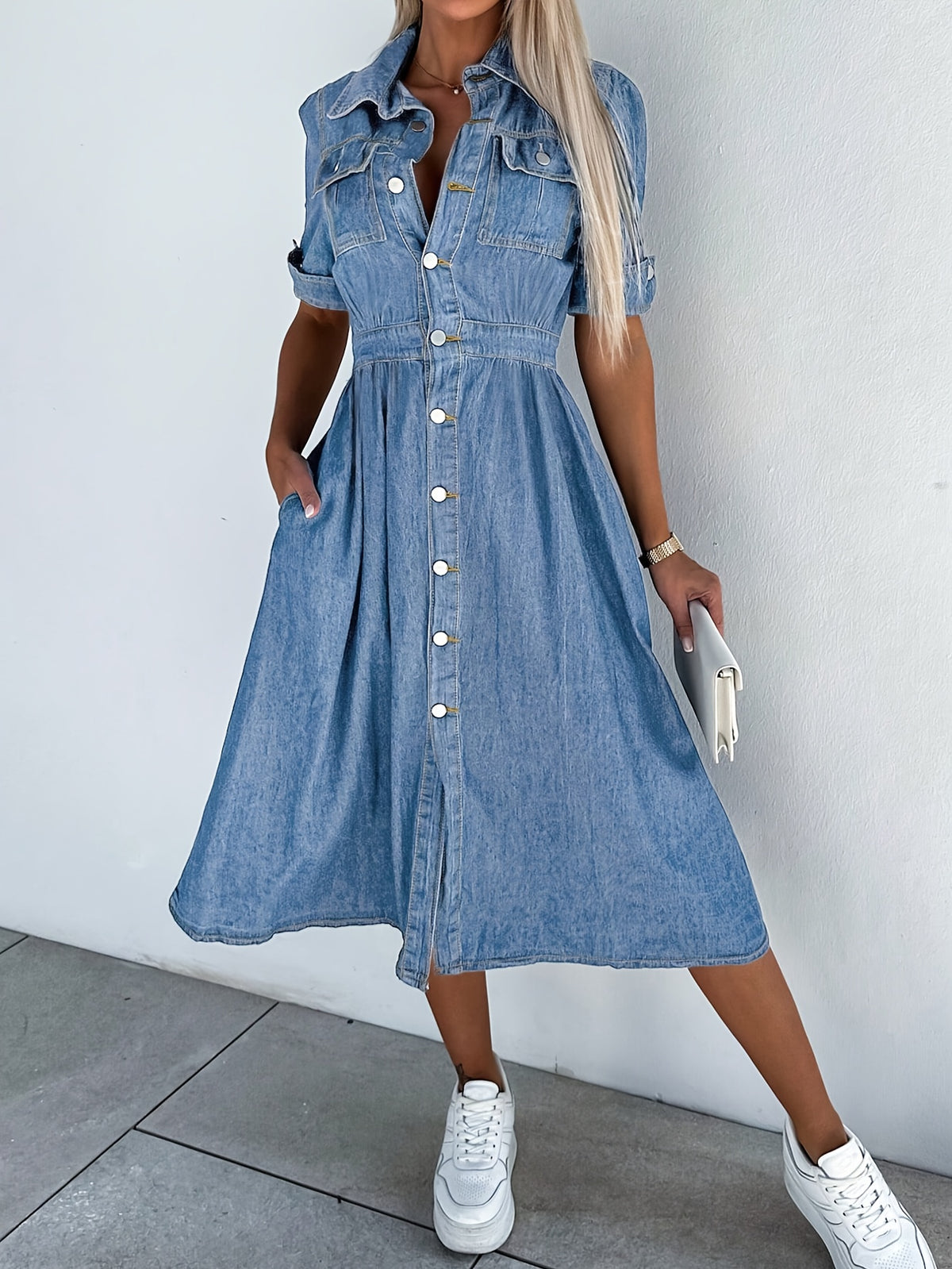 Women's A-Line Denim Jean Dress V-Neck Button Front with Pockets Casual Waist Fitted Shirt Dress Blue Dark Blue Medium Blue S-XXL