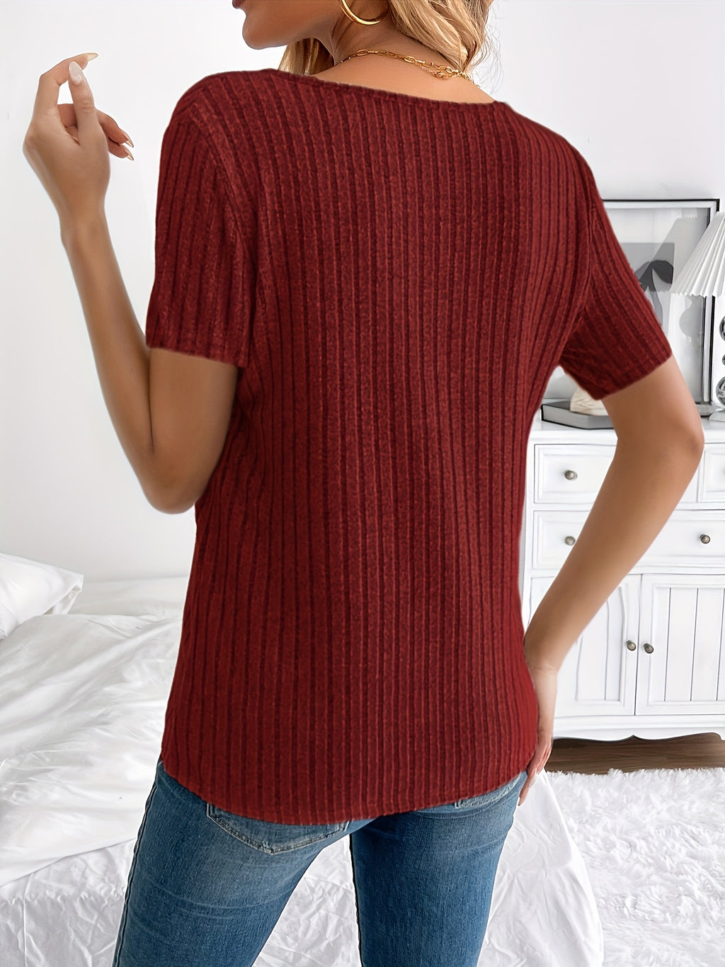 V-Neck Button Detail Ribbed Top Women Loose Short Sleeve Stretch Polyester Casual Elegant Solid Color Spring Summer Fall Top S-XXL