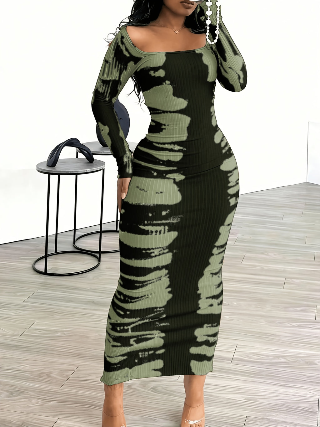 Tie-Dye Bodycon Maxi Dress Women Long Sleeve Ankle Length Contrasting Print Figure-Hugging Sexy Elegant Long Dress