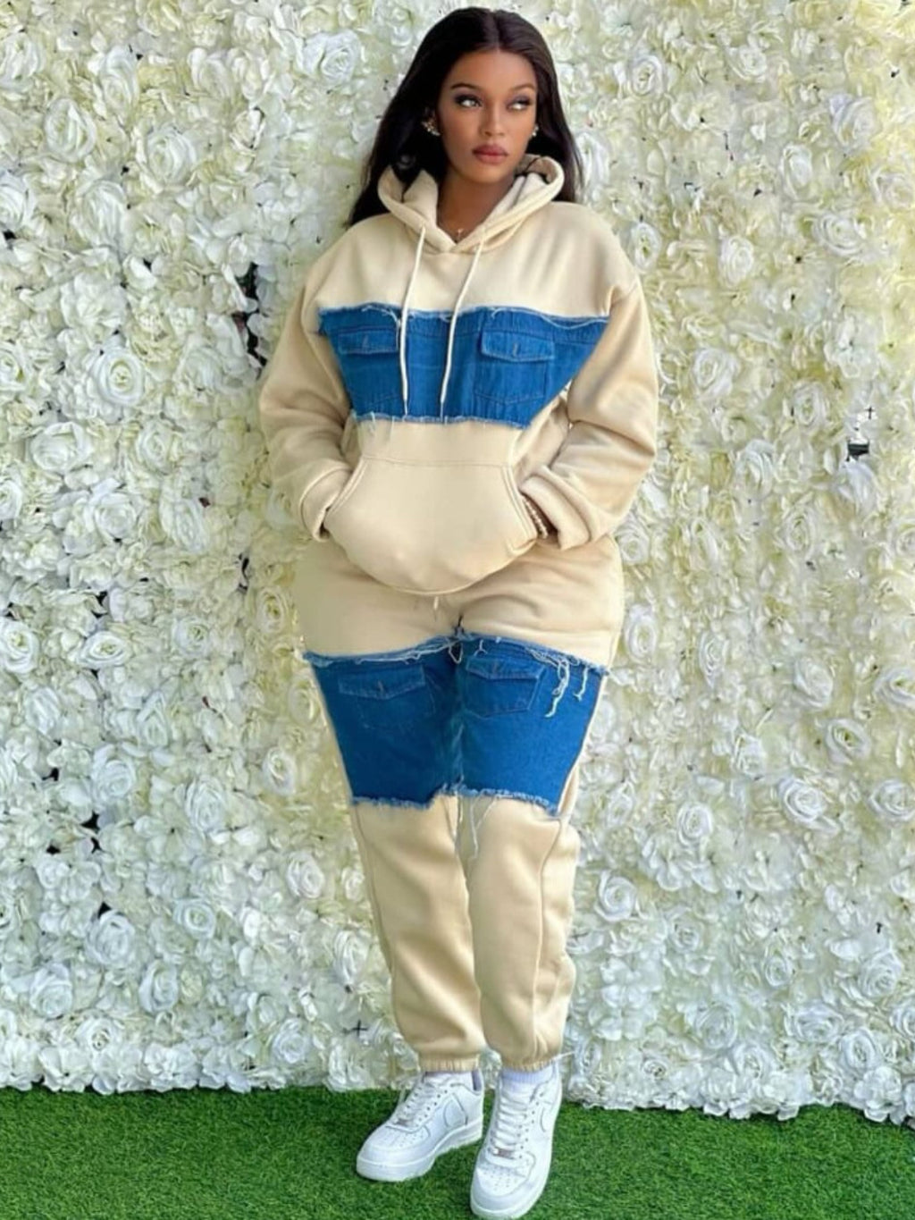 Color Block Sweatshirt Tracksuit Set for Women - Oversized Retro Streetwear Patchwork 2-Piece Casual Matching Outfit