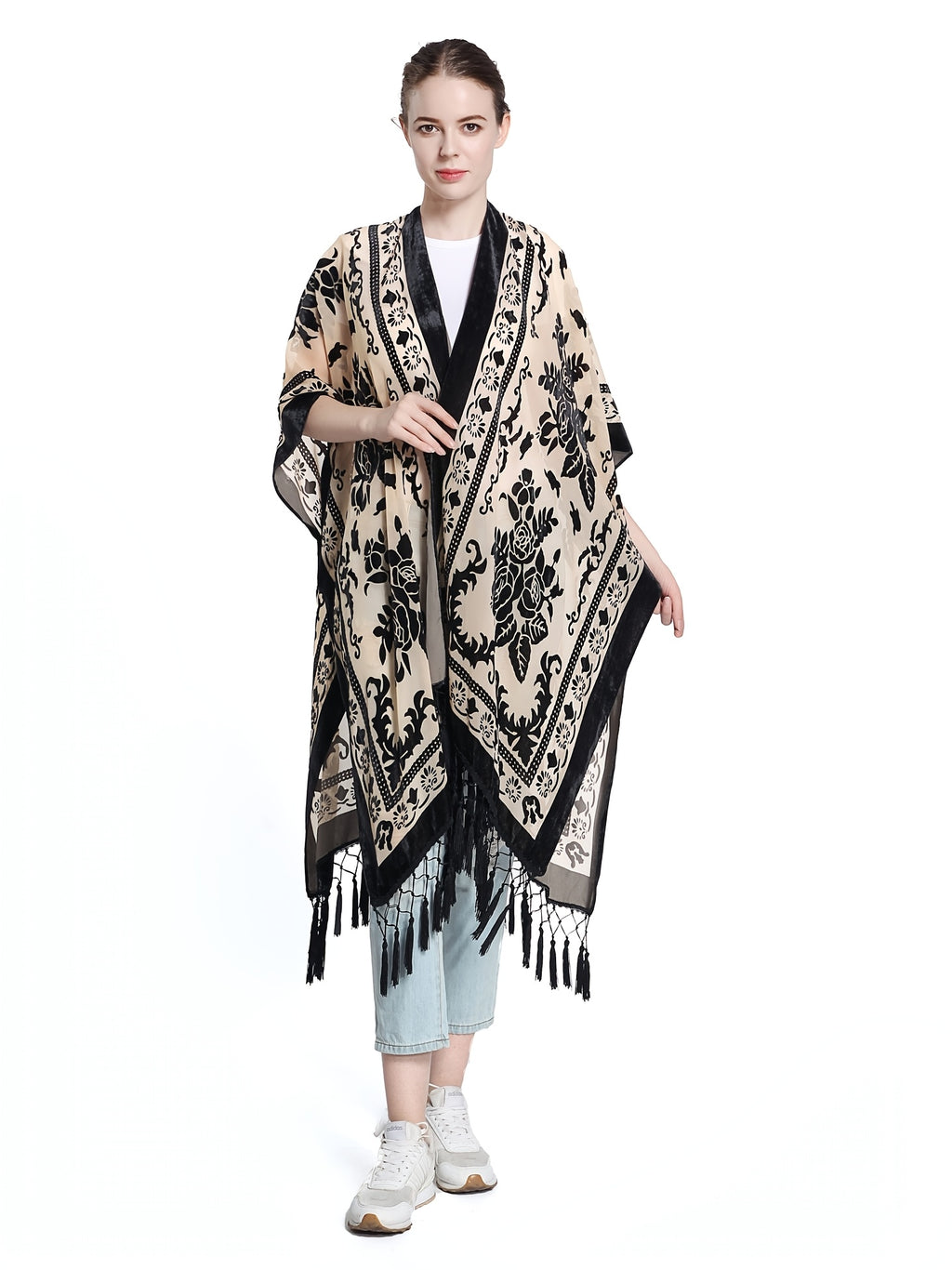 Boho Burnout Velvet Kimono Women Long Cardigan Cover Up Tassel Floral Embroidered One Size