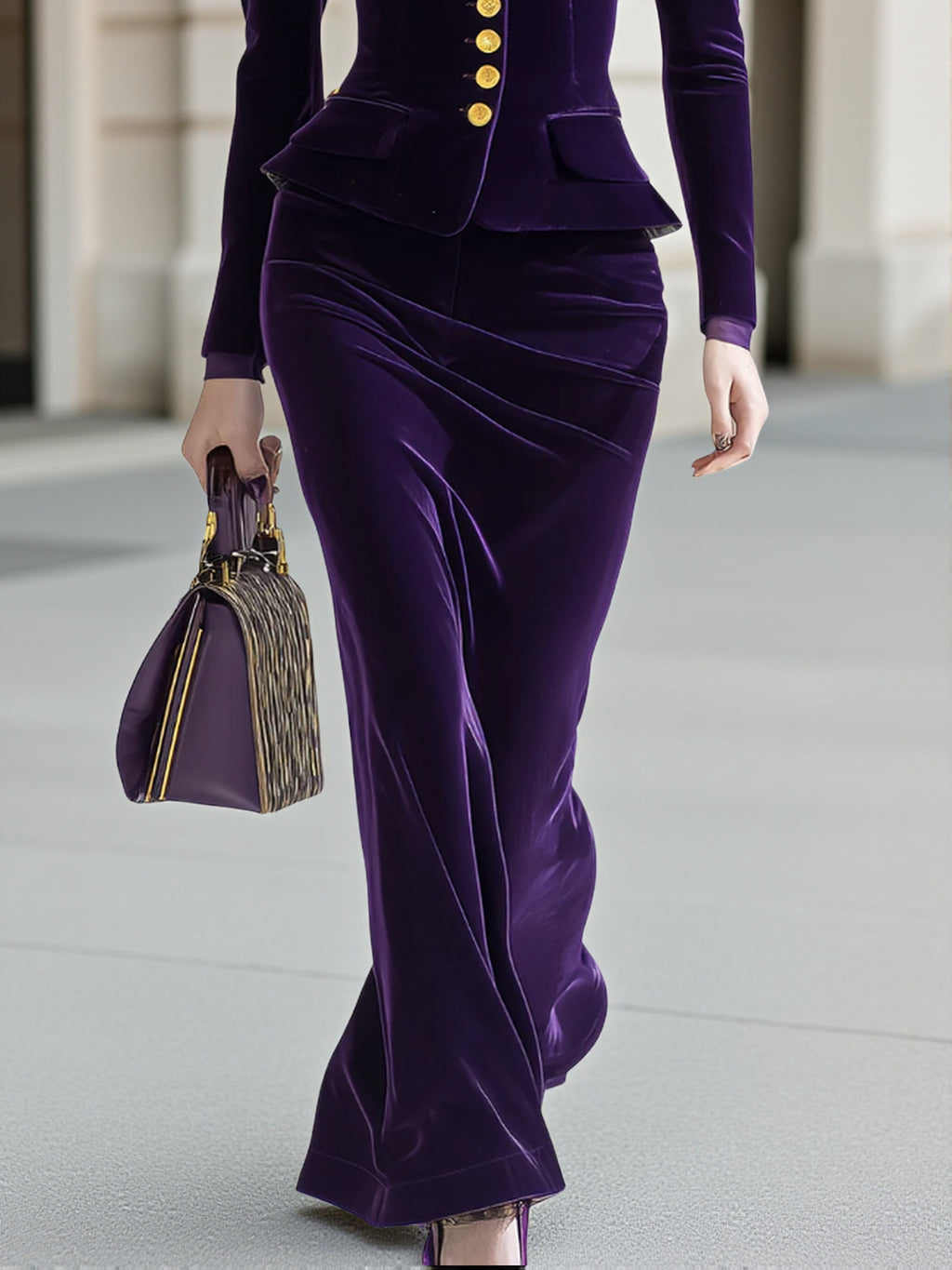 Women's Purple Velvet 2-Piece Suit Set Puff Sleeve Blazer and Maxi Skirt Elegant Autumn Winter Gala Dinner Evening Formal Outfit